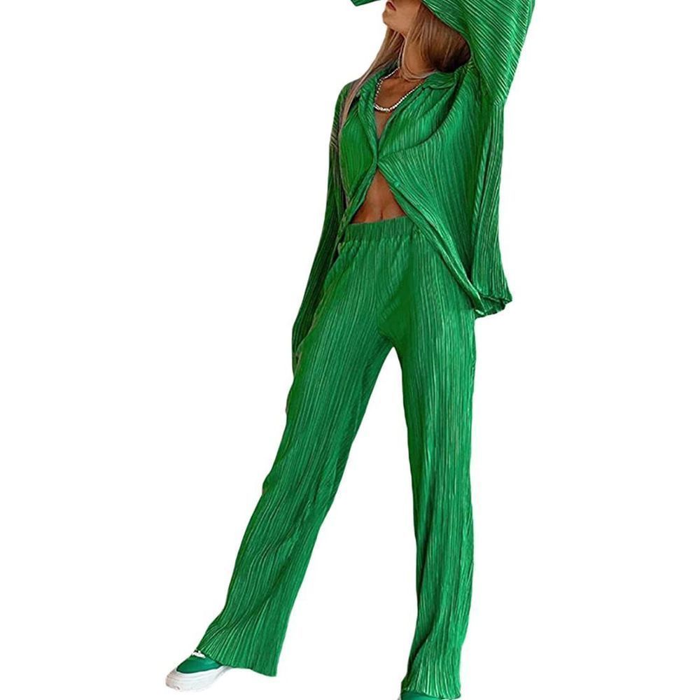 Medium BNWOT 2 Piece Long Sleeve Button Down Shirt High Waist Long Pants Pleated
